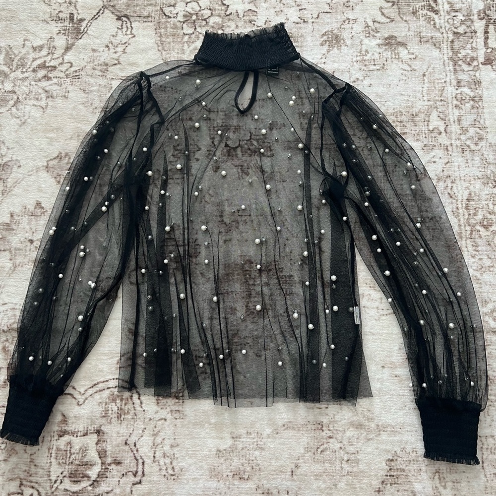 Forever 21 Black Mesh Blouse with Pearl Embellishments